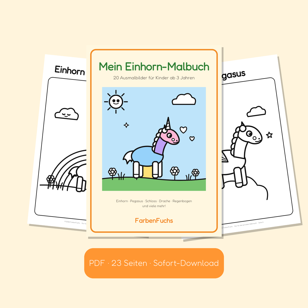 Einhorn-Malbuch PDF mit buntem Einhorn auf dem Cover