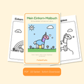 Einhorn-Malbuch PDF mit buntem Einhorn auf dem Cover