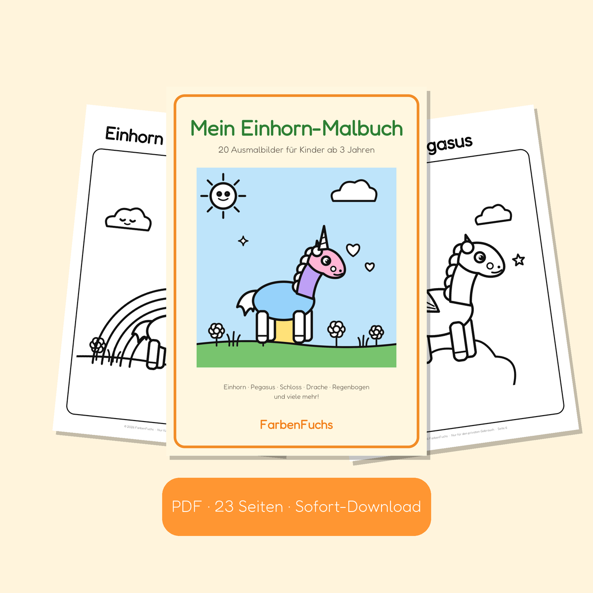 Einhorn-Malbuch PDF mit buntem Einhorn auf dem Cover