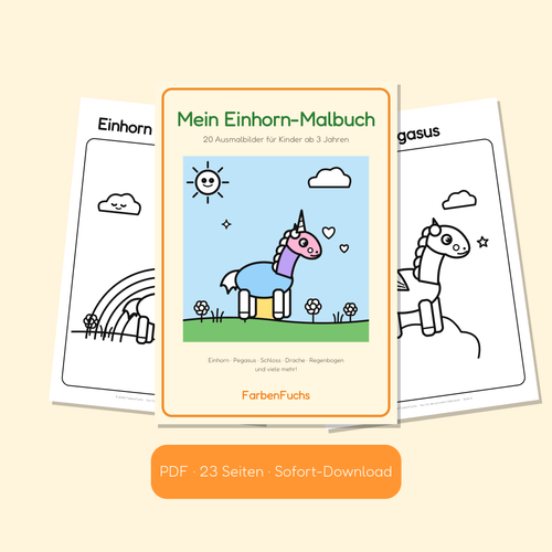 Einhorn-Malbuch PDF mit buntem Einhorn auf dem Cover