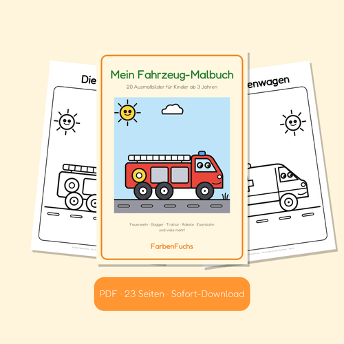 Fahrzeug-Malbuch PDF mit Feuerwehrauto auf dem Cover