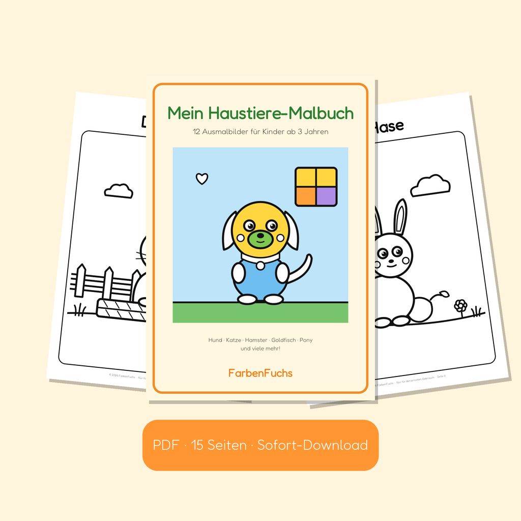 Haustiere-Malbuch PDF mit Hund auf dem Cover