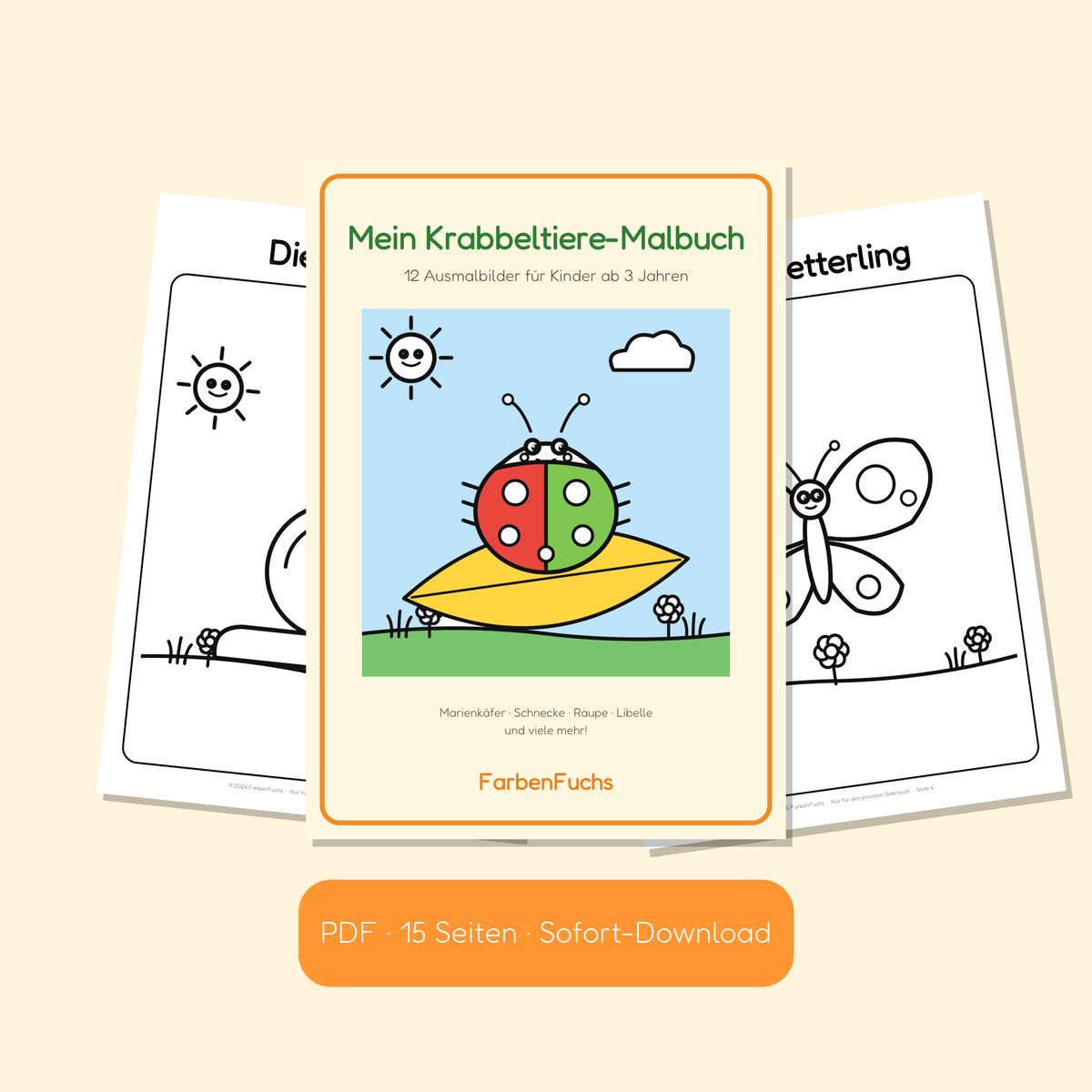 Krabbeltiere-Malbuch PDF mit Marienkäfer auf dem Cover