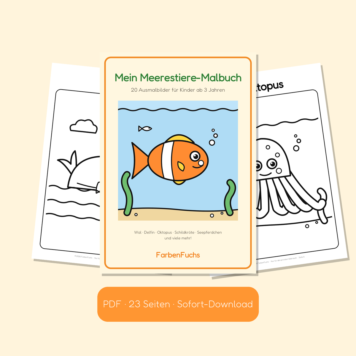 Meerestiere-Malbuch PDF mit Clownfisch auf dem Cover
