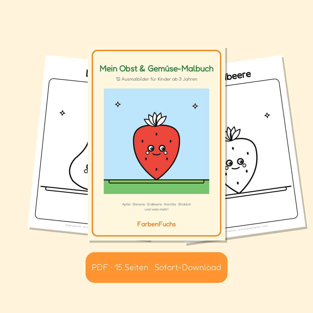 Obst und Gemüse Malbuch PDF mit Erdbeere auf dem Cover